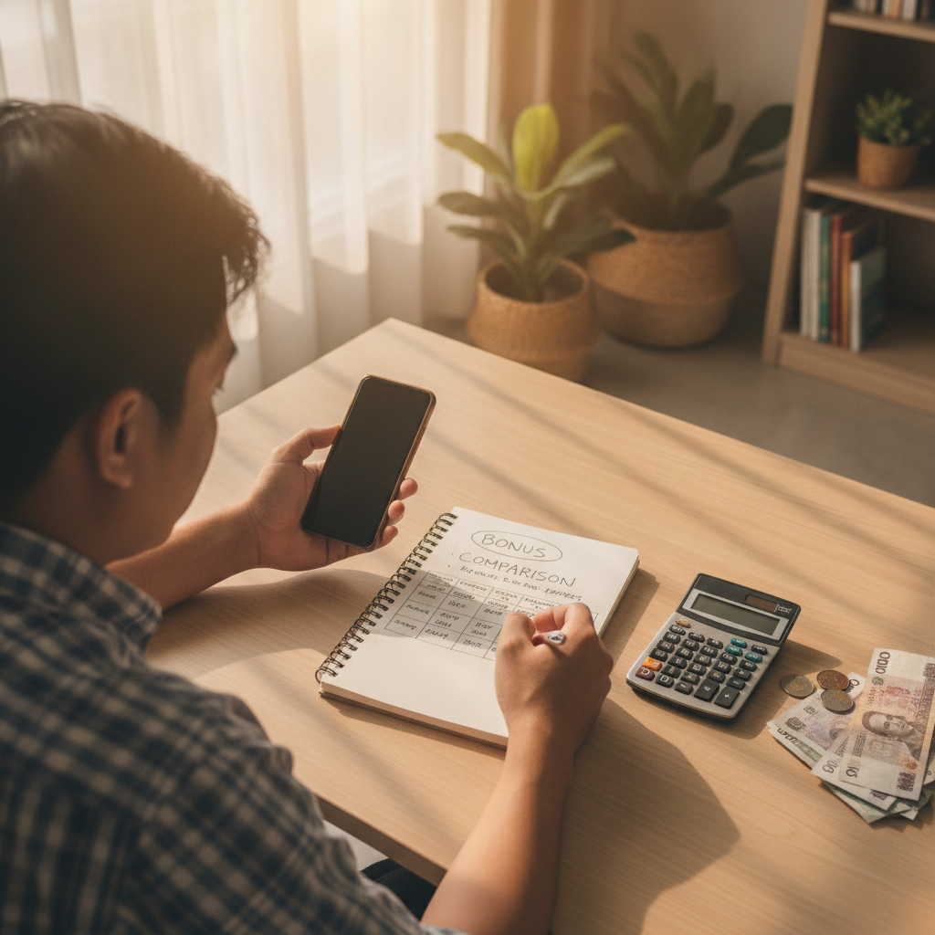 Filipino player comparing casino bonus offers on mobile phone with notes and calculator
